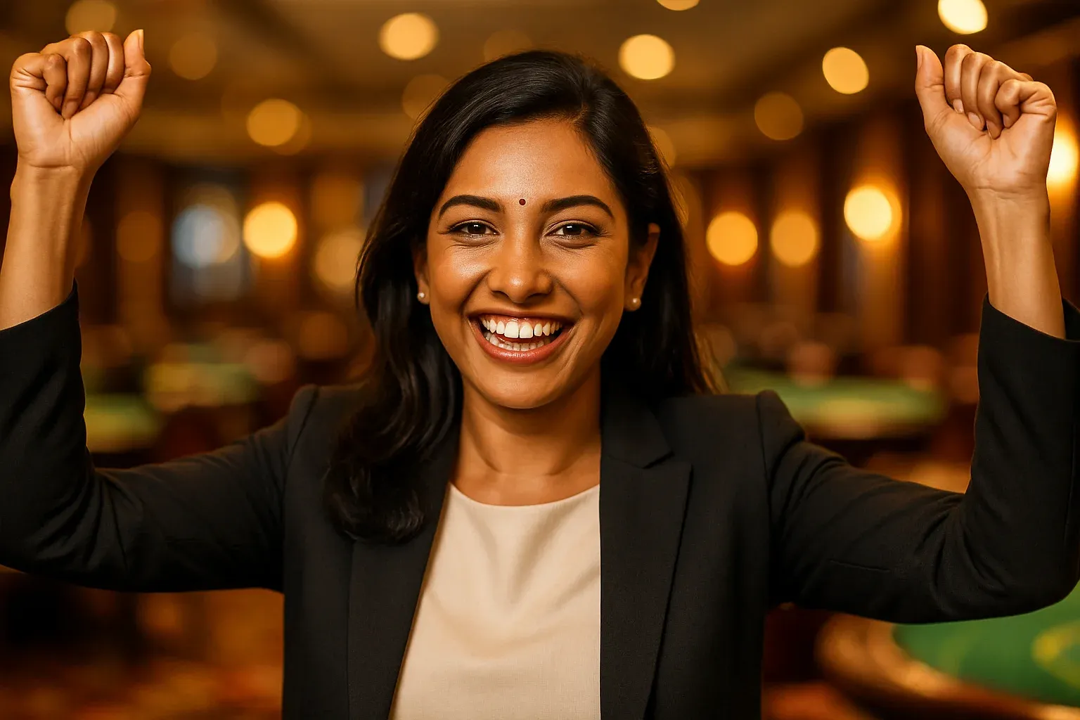 Elegant Bangladeshi businesswoman celebrating with raised arms in casino lounge