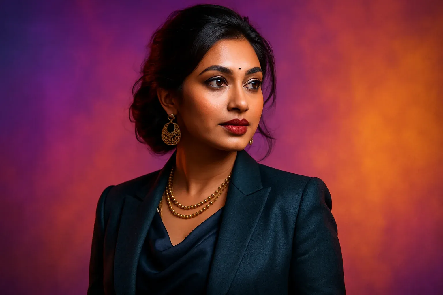 High-resolution portrait of stylish Bangladeshi woman on purple and gold gradient background